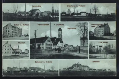 AK Haunstetten b. Augsburg, Hauptplatzm, Kunstmühle und Villa Meyer