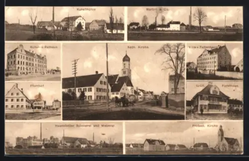 AK Haunstetten, Katholische Kirche, Villa v. Tattenbach und gräfliches Forsthaus