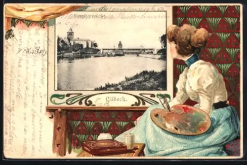 Passepartout-Lithographie Lübeck, Blick auf die Burgthorbrücke mit hübscher Frau und Farbpalette