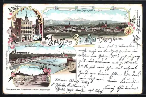 Lithographie Laufen a. Salzach, Ortsansicht mit Alpen, Markt Eberndorf a. Salzach, Marienplatz