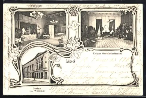 AK Lübeck, Gasthof Casino von C. Warning, Buffetsaal und kleiner Gesellschaftssaal