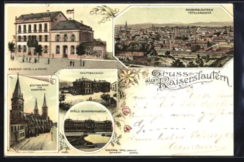 Lithographie Kaiserslautern, Bahnhof-Hotel von A. Hoppe, Pfälzisches Gewerbemuseum, Hauptbahnhof