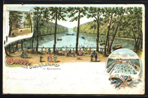Lithographie Kaiserslautern, Gasthaus zum Blechhammer, Terrasse am See, Eisbahn