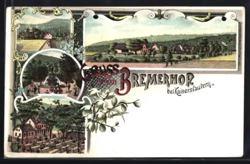 Lithographie Kaiserslautern, Gasthaus Bremerhof mit Brunnen und Gästebereich