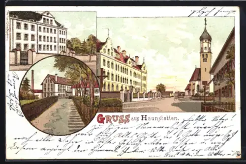 Lithographie Haunstetten, Strassenpartie mit Kirche