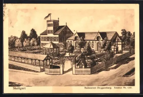 Lithographie Stuttgart, Vogelschau auf Restaurant Doggenburg mit Garten