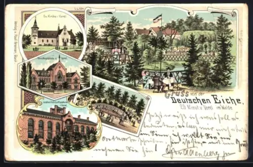 Lithographie Varel, Gasthaus Deutsche Eiche, Gästebereich, Evangelische Kirche und Gerichtsgebäude