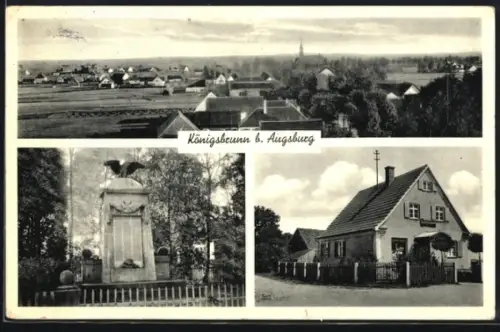 AK Königsbrunn b. Augsburg, Totalansicht, Gefallenendenkmal und Geschäft