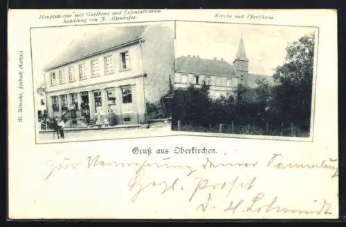 AK Oberkirchen / Saar, Gasthaus von J. Altenhofer in der Hauptstrasse, Kirche und Pfarrhaus