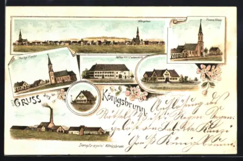 Lithographie Königsbrunn, Totalansicht, Protenstantische Kirche und Gasthaus von Müller