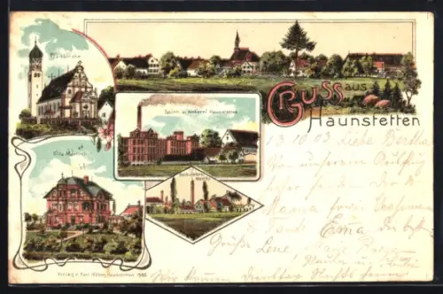 Lithographie Haunstetten, Totalansicht, Pfarrkirche und Villa Martini