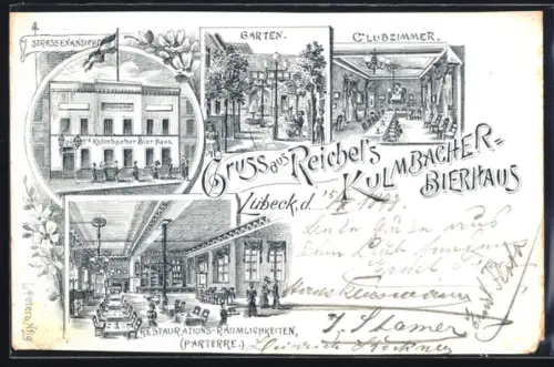 Lithographie Lübeck, Gasthaus Reichel`s Kulmbacher Bierhaus, Clubzimmer, Garten und Speisesaal
