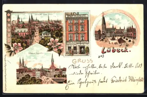 Lithographie Lübeck, Hotel Stadt Oldesloe, Marktplatz, Ortsansicht