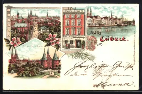 Lithographie Lübeck, Hafen an der Trave, Restaurant Stadt Olesloe, Teilansicht vom Dom aus