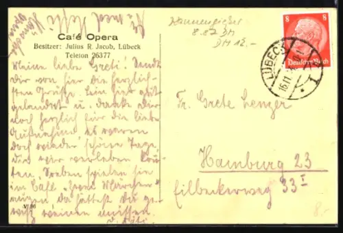 AK Lübeck, Café Opera, Bes. Julius R. Jacob, Aussenansicht