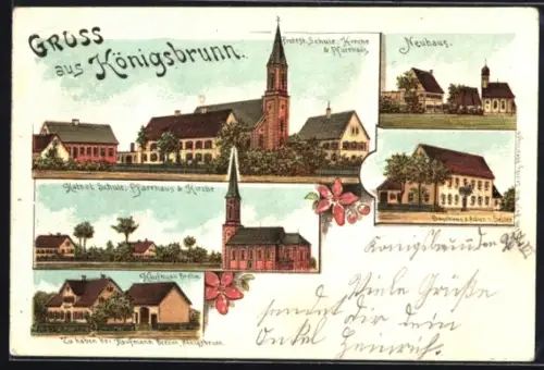 Lithographie Königsbrunn, Prot. und Kath. Kirche, Warenhandlung von Kaufmann Brehm, Gasthaus z. Adler