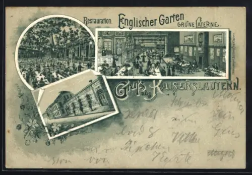 Lithographie Kaiserslautern, Restaurant Grüne Laterne, Aussen- und Innenbereich, Englischer Garten