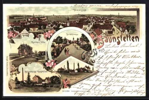 Lithographie Haunstetten, Hauptstrasse, Bergmüllersche Kunstmühle, Villa Martini, Totalansicht