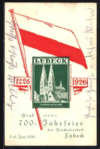 AK Lübeck, 700-Jahrfeier der Reichsfreiheit, Briefmarke mit Marienkirche und Flagge