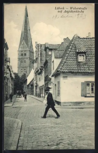 AK Lübeck, Partie in der Weberstrasse mit Aegidienkirche