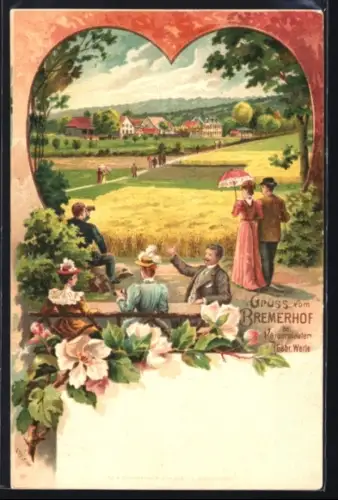 Lithographie Kaiserslautern, Gasthof Bremerhof, Inh. Gebr. Werle, Gästebereich und Felder