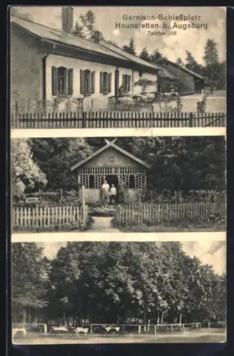 AK Haunstetten b. Augsburg, Garnison-Schiessplatz, Gasthaus und Sitzplätze