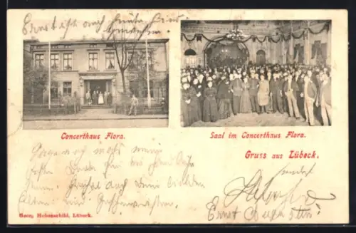 AK Lübeck, Gasthaus Flora, Frontalansicht, Saal mit Gästen