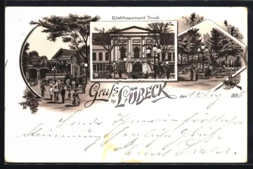 Lithographie Lübeck, Restaurant Tivoli, Frontansicht, Blick in den Garten