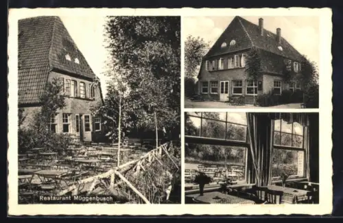 AK Lübeck, Café-Restaurant Müggenbusch, Inh. Wilh. Reimann, Aussen- und Innenansicht