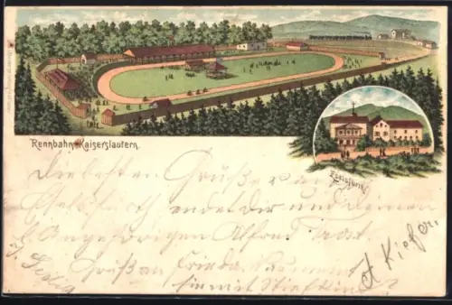 Lithographie Kaiserslautern, Blick auf die Rennbahn, Gasthaus Eselsfürth, Pferdesport