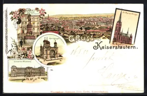 Lithographie Kaiserslautern, Ansicht der Synagoge, Gewerbe-Museum, Bismarck-Denkmal
