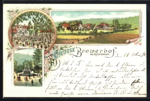 Lithographie Kaiserslautern, Gasthaus Bremerhof, Blick in den Garten, Springbrunnen