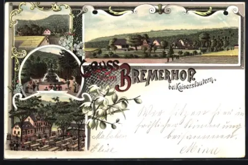 Lithographie Kaiserslautern, Gasthaus Bremerhof, Ansicht vom Garten, Aussenansicht, Springbrunnen