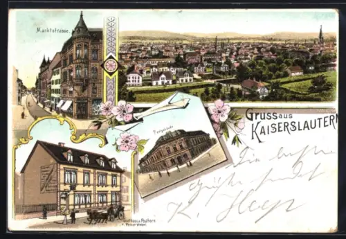Lithographie Kaiserslautern, Gasthaus zum Posthorn von Philipp Werber, Postgebäude, Marktstrasse