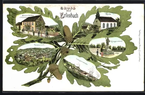 Passepartout-Lithographie Erfenbach, Bäckerei von Eugen Haas, Lampertsmühle, Kriegerdenkmal, Kirche