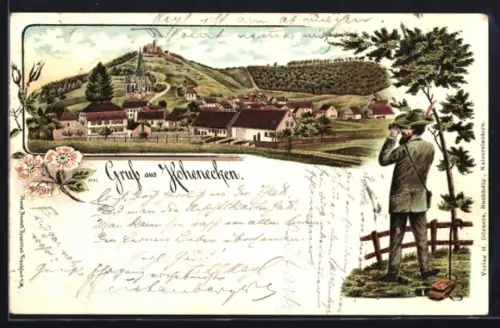Lithographie Hohenecken, Ortsansicht mit Burgruine, Wanderer mit Fernglas