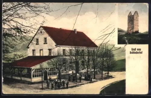 AK Kaiserslautern, Gasthaus Aschbacherhof, Jakob Grün, Blick auf die Ruine