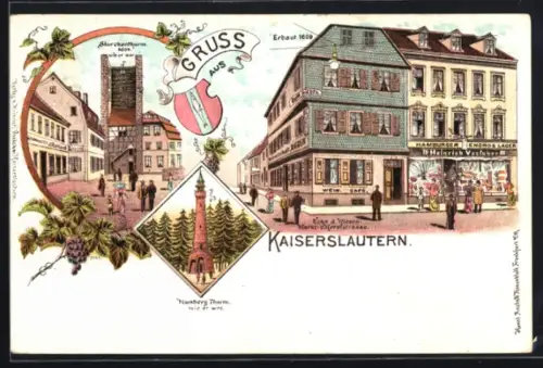 Lithographie Kaiserslautern, Storchenturm 1609, Gasthaus zum Riesen, Ecke d. Riesen-Markt und Kerststrasse, Humberg-Turm