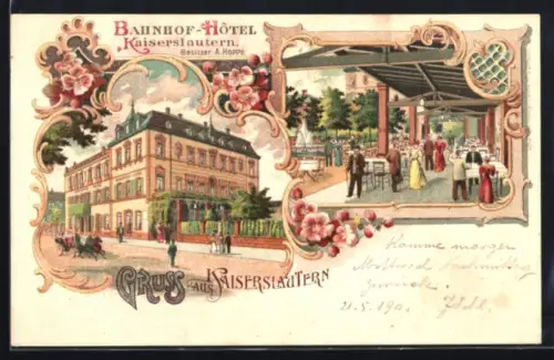 Lithographie Kaiserslautern, Bahnhof-Hotel, Veranda