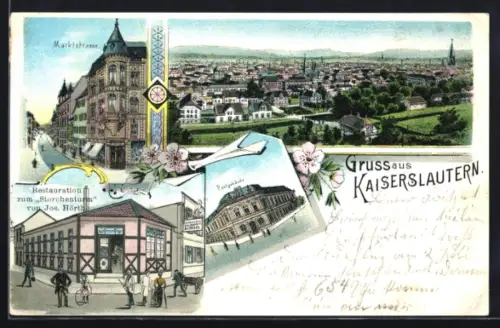 Lithographie Kaiserslautern, Restaurant zum Storchenturm von Jos. Hörth, Marktstrasse, Postgebäude