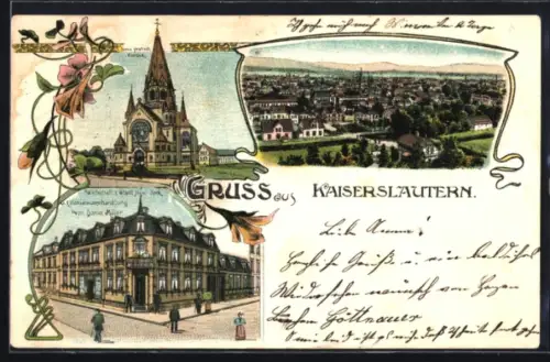 Lithographie Kaiserslautern, Wirtschaft zur Stadt New York von Daniel Müller, Neue protest. Kirche, Totalansicht