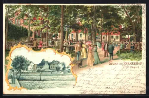 Lithographie Kaiserslautern, Gasthaus Bremerhof, W. Steiger, Aussenansicht, Blick in den Garten