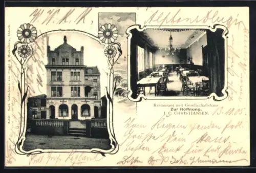 AK Lübeck, Restaurant und Gesellschaftshaus Zur Hoffnung, J. C. Christiansen, Aussen- und Innenansicht