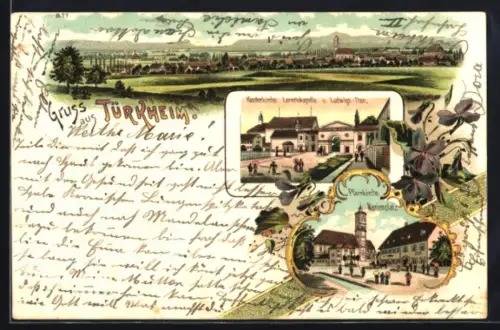 Lithographie Türkheim, Klosterkirche, Lorettokapelle, Pfarrkirche, Marienplatz, Ludwigs-Tor