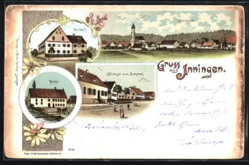 Lithographie Inningen, Meierhof, Mühle, Strasse zum Bahnhof, Totalansicht mit Kirche