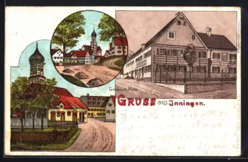Lithographie Inningen, Gutsbesitz Höfte, Strassenpartie mit Kirche, Ortspartie mit Wohnhäusern