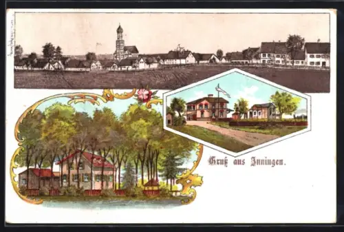 Lithographie Inningen, Ansicht vom Gasthaus, Totalansicht des Ortes mit Kirche
