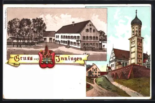 Lithographie Inningen, Ortspartie mit Kirche, Blick auf das Gasthaus
