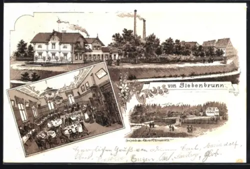 Lithographie Siebenbrunn, Spielplatz des Männer-Turnvereins, Innenansicht vom Saal, Ortsansicht mit Fabrik