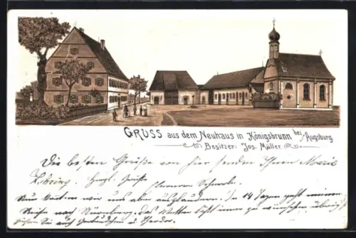 Lithographie Königsbrunn bei Augsburg, Gasthaus Neuhaus, Besitzer Jos. Müller, Ortspartie mit Kirche